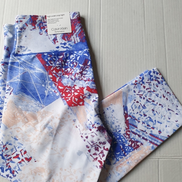 Calvin Klein Performance High Waist Cropped Tight Leggings in Red,White,Blue  MD - Picture 13 of 16